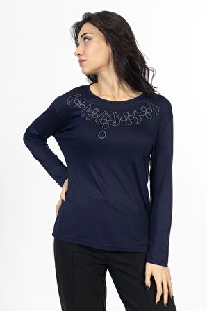 Yeni Model Taş İşlemeli Yuvarlak Yaka Likralı Anne Penye Bluz 6435