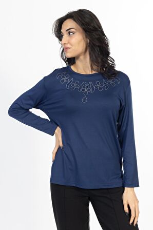 Yeni Model Taş İşlemeli Yuvarlak Yaka Likralı Anne Penye Bluz 6435