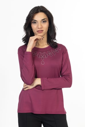 Yeni Model Taş İşlemeli Yuvarlak Yaka Likralı Anne Penye Bluz 6435