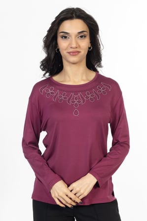 Yeni Model Taş İşlemeli Yuvarlak Yaka Likralı Anne Penye Bluz 6435