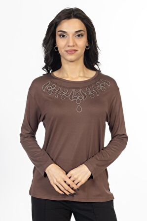Yeni Model Taş İşlemeli Yuvarlak Yaka Likralı Anne Penye Bluz 6435