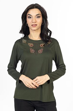 Yeni Model Nakış İşlemeli Yuvarlak Yaka Likralı Anne Penye Bluz 6440