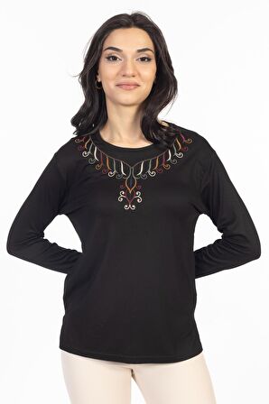 Yeni Model 2024 Nakış İşlemeli Yuvarlak Yaka Likralı Anne Penye Bluz 6450