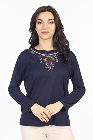 Orta Yaş ve Üzeri Yeni Desen Nakış İşlemeli Yuvarlak Yaka Likralı Anne Penye Bluz 6460