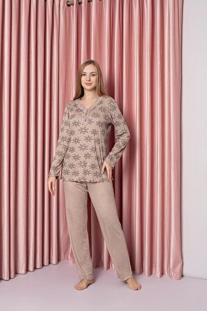 Kadın V Yaka Puantiye Desen Bambu İnterlok Anne Pijama Takımı P5046