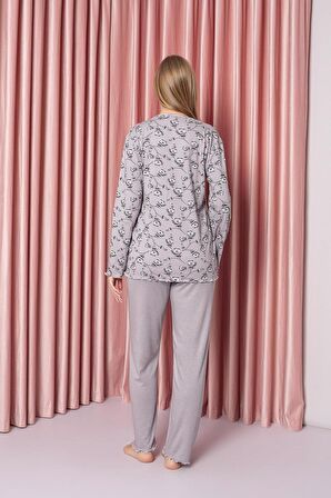 Kadın V Yaka Puantiye Desen Bambu İnterlok Anne Pijama Takımı P5046