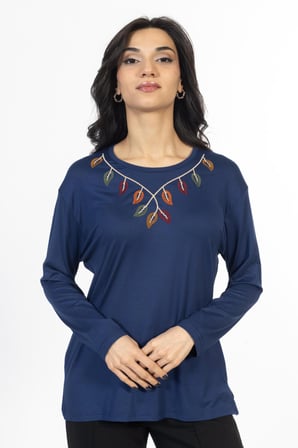 Yeni Sezon Orta Yaş ve Üzeri Yeni Desen Nakış İşlemeli Yuvarlak Yaka Likralı Anne Penye Bluz 6455