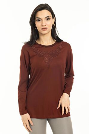 Yeni Sezon Kadın Orta Yaş ve Üzeri Yeni Desen Yuvarlak Yaka Likralı Anne Penye Bluz 30530