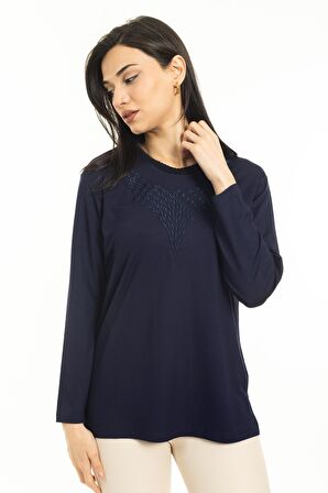 Yeni Sezon Kadın Orta Yaş ve Üzeri Yeni Desen Yuvarlak Yaka Likralı Anne Penye Bluz 30530