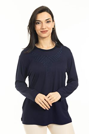 Yeni Sezon Kadın Orta Yaş ve Üzeri Yeni Desen Yuvarlak Yaka Likralı Anne Penye Bluz 30530