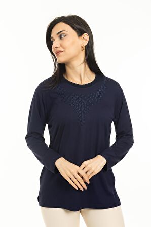 Yeni Sezon Kadın Orta Yaş ve Üzeri Yeni Desen Yuvarlak Yaka Likralı Anne Penye Bluz 30530