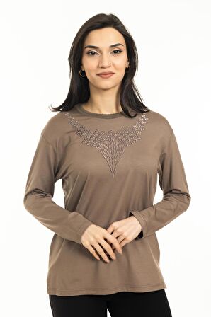 Yeni Sezon Kadın Orta Yaş ve Üzeri Yeni Desen Yuvarlak Yaka Likralı Anne Penye Bluz 30530