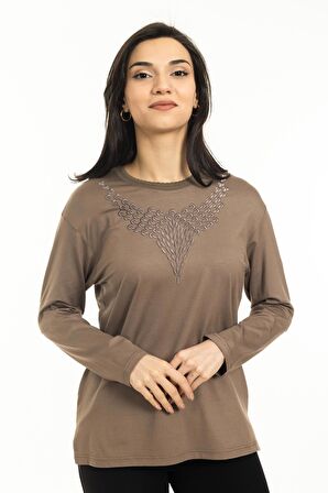 Yeni Sezon Kadın Orta Yaş ve Üzeri Yeni Desen Yuvarlak Yaka Likralı Anne Penye Bluz 30530