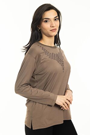 Yeni Sezon Kadın Orta Yaş ve Üzeri Yeni Desen Yuvarlak Yaka Likralı Anne Penye Bluz 30530