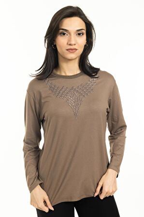 Yeni Sezon Kadın Orta Yaş ve Üzeri Yeni Desen Yuvarlak Yaka Likralı Anne Penye Bluz 30530