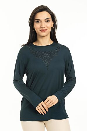 Yeni Sezon Kadın Orta Yaş ve Üzeri Yeni Desen Yuvarlak Yaka Likralı Anne Penye Bluz 30530