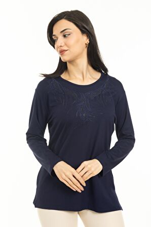 Yeni Sezon Kadın Orta Yaş ve Üzeri Yeni Model Yuvarlak Yaka Likralı Anne Penye Bluz 30540