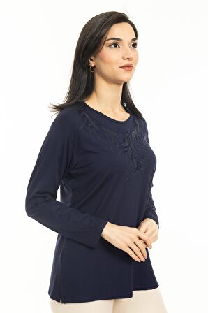 Yeni Sezon Kadın Orta Yaş ve Üzeri Yeni Model Yuvarlak Yaka Likralı Anne Penye Bluz 30540