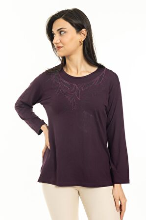 Yeni Sezon Kadın Orta Yaş ve Üzeri Yeni Model Yuvarlak Yaka Likralı Anne Penye Bluz 30540