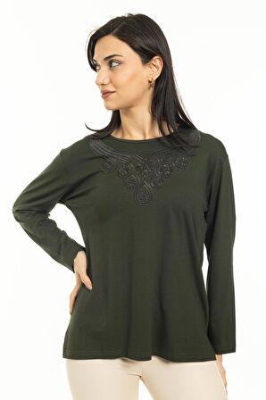 Kadın Orta Yaş ve Üzeri Yeni Model Yuvarlak Yaka Likralı Anne Penye Bluz 30550