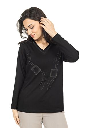 Kadın Orta Yaş ve Üzeri Yeni Model V Yaka Taş İşlemeli Anne Penye Bluz 30560