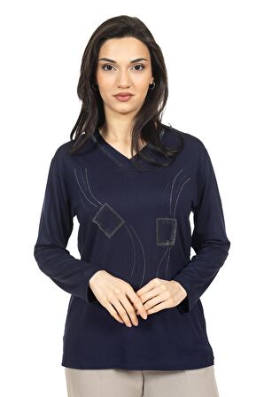 Kadın Orta Yaş ve Üzeri Yeni Model V Yaka Taş İşlemeli Anne Penye Bluz 30560
