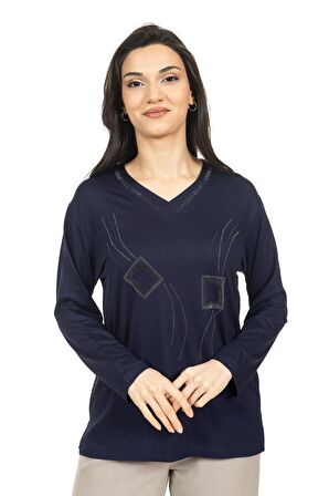 Kadın Orta Yaş ve Üzeri Yeni Model V Yaka Taş İşlemeli Anne Penye Bluz 30560