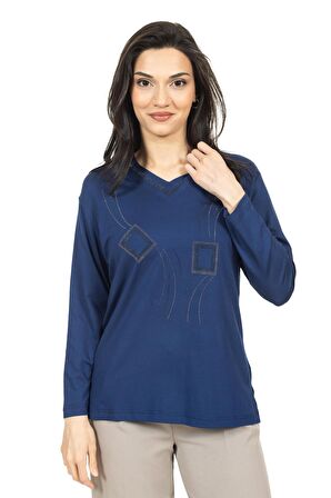 Kadın Orta Yaş ve Üzeri Yeni Model V Yaka Taş İşlemeli Anne Penye Bluz 30560