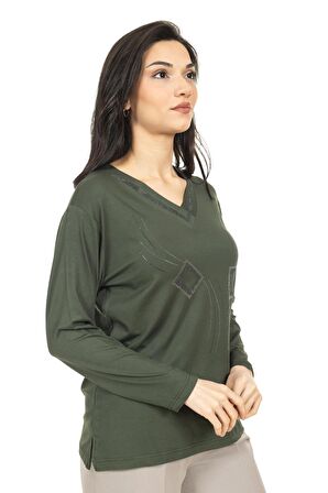 Kadın Orta Yaş ve Üzeri Yeni Model V Yaka Taş İşlemeli Anne Penye Bluz 30560