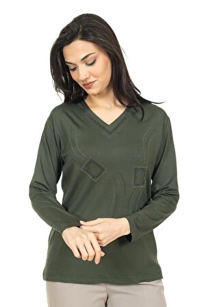 Kadın Orta Yaş ve Üzeri Yeni Model V Yaka Taş İşlemeli Anne Penye Bluz 30560