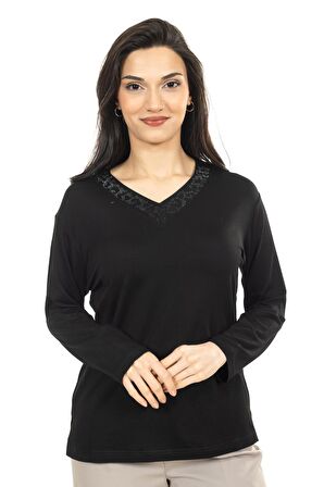 Kadın Orta Yaş ve Üzeri Yeni Model V Yaka Sade Model Anne Penye Bluz 30565