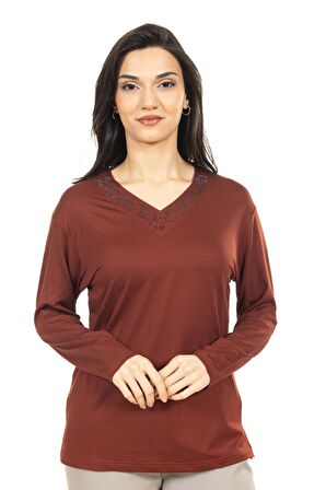 Kadın Orta Yaş ve Üzeri Yeni Model V Yaka Sade Model Anne Penye Bluz 30565