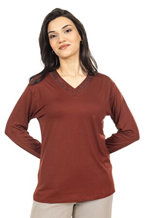 Kadın Orta Yaş ve Üzeri Yeni Model V Yaka Sade Model Anne Penye Bluz 30565