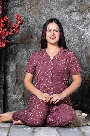 Kadın Gömlek Yaka Boydan Düğmeli Milan Kumaş Kısa Kollu Pijama Takımı P300213