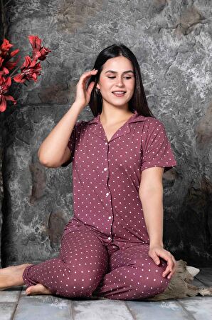 Kadın Gömlek Yaka Boydan Düğmeli Milan Kumaş Kısa Kollu Pijama Takımı P300213