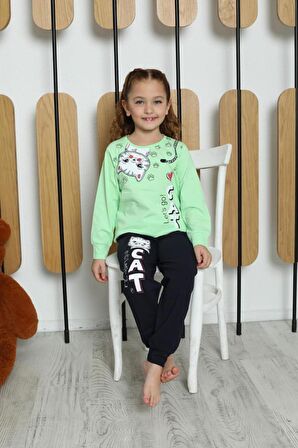 Yeni Sezon Kız Çocuk Garson Uzun Kollu Pamuk Cat Desen Penye Pijama Takımı 6053