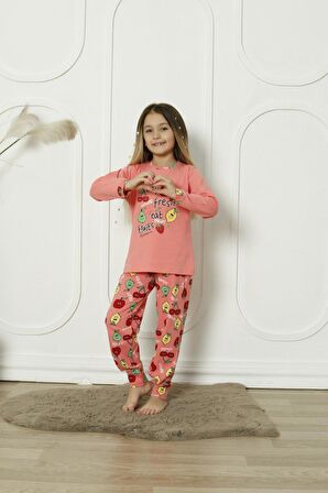 Yeni Sezon %100 Pamuk Kız Çocuk Garson Uzun Kollu Meyve Figürlü Penye Pijama Takımı 6072