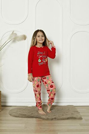 Yeni Sezon %100 Pamuk Kız Çocuk Garson Uzun Kollu Meyve Figürlü Penye Pijama Takımı 6072