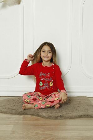 Yeni Sezon %100 Pamuk Kız Çocuk Garson Uzun Kollu Meyve Figürlü Penye Pijama Takımı 6072