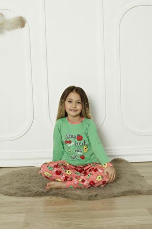 Yeni Sezon %100 Pamuk Kız Çocuk Garson Uzun Kollu Meyve Figürlü Penye Pijama Takımı 6072