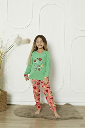 Yeni Sezon %100 Pamuk Kız Çocuk Garson Uzun Kollu Meyve Figürlü Penye Pijama Takımı 6072