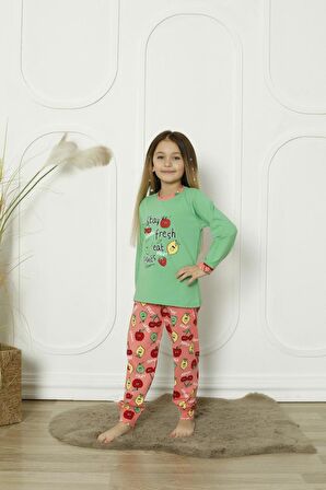 Yeni Sezon %100 Pamuk Kız Çocuk Garson Uzun Kollu Meyve Figürlü Penye Pijama Takımı 6072