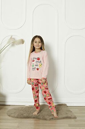 Yeni Sezon %100 Pamuk Kız Çocuk Garson Uzun Kollu Meyve Figürlü Penye Pijama Takımı 6072