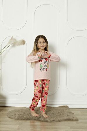 Yeni Sezon %100 Pamuk Kız Çocuk Garson Uzun Kollu Meyve Figürlü Penye Pijama Takımı 6072