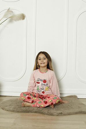 Yeni Sezon %100 Pamuk Kız Çocuk Garson Uzun Kollu Meyve Figürlü Penye Pijama Takımı 6072