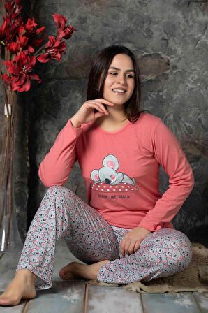 Kadın Yuvarlak Yaka Love Desen Penye Pijama Takımı 200832