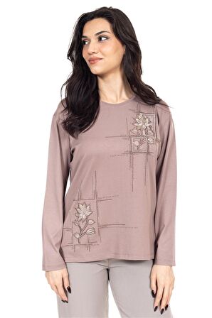 Yeni Sezon Kadın Orta Yaş ve Üzeri Viskoz Kanaviçe İşlemeli Lüks Anne Penye Bluz 24311