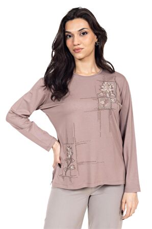 Yeni Sezon Kadın Orta Yaş ve Üzeri Viskoz Kanaviçe İşlemeli Lüks Anne Penye Bluz 24311