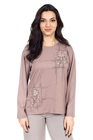 Yeni Sezon Kadın Orta Yaş ve Üzeri Viskoz Kanaviçe İşlemeli Lüks Anne Penye Bluz 24311