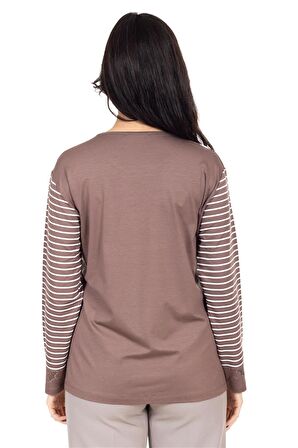 Yeni Sezon Kadın Orta Yaş ve Üzeri Viskoz Çizgili Yüksek Kalite Anne Penye Bluz 24352